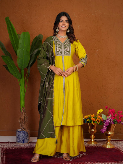 Lorenvalley Fashion Mustard Roman Silk Multi Embroidery Thread With Beautiful Hand Work Kurta Palazzo Dupatta