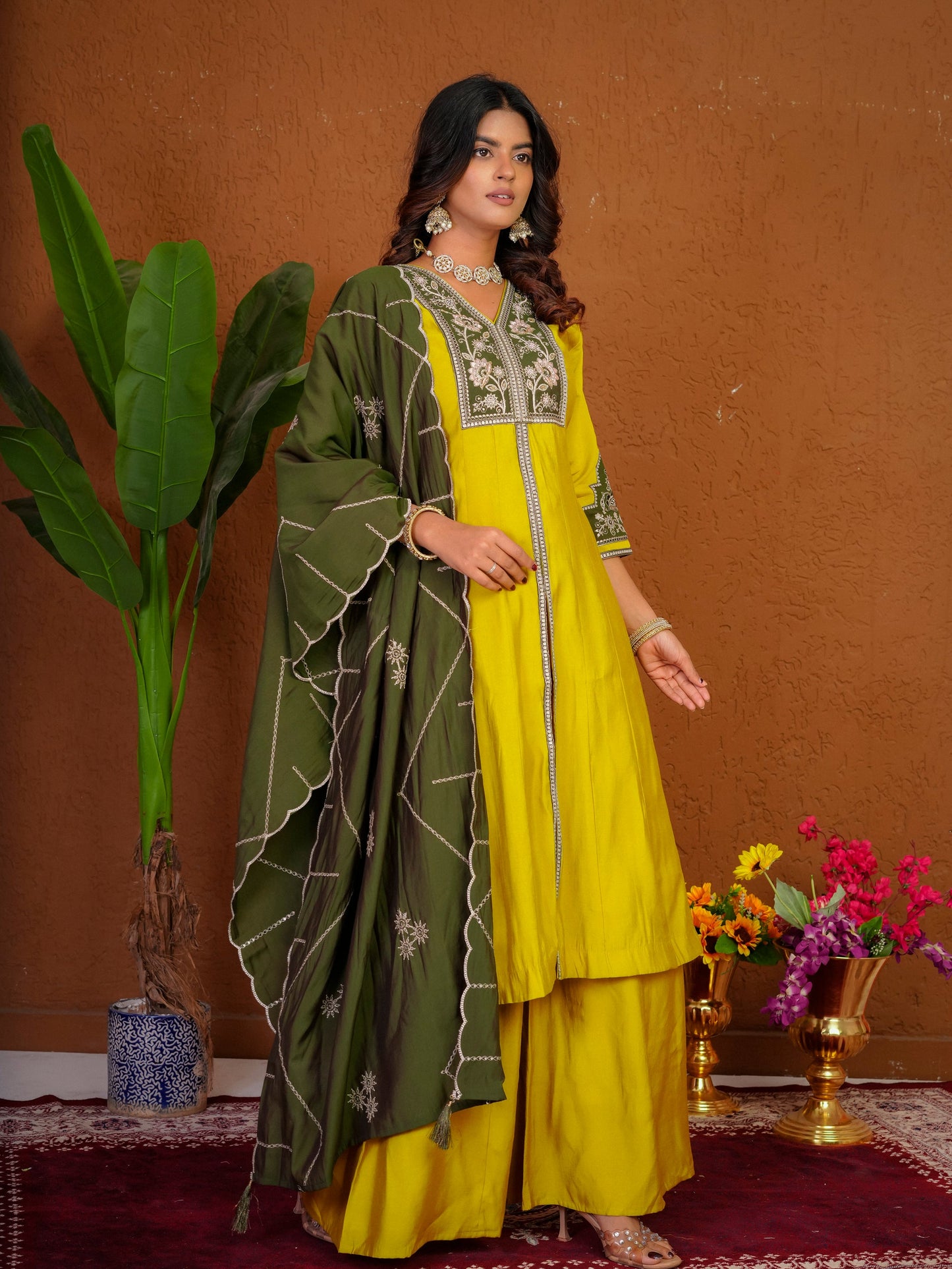 Lorenvalley Fashion Mustard Roman Silk Multi Embroidery Thread With Beautiful Hand Work Kurta Palazzo Dupatta