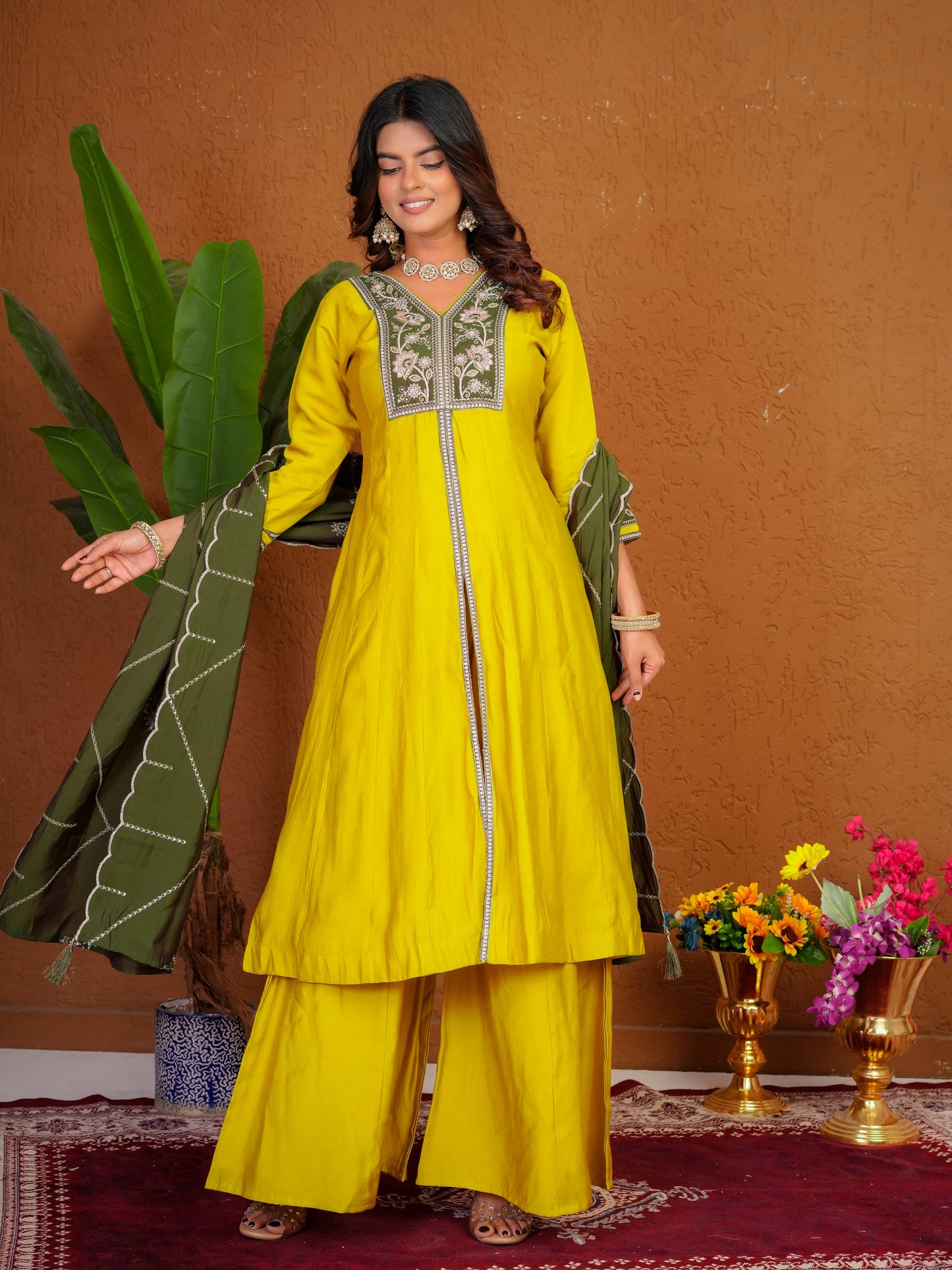 Lorenvalley Fashion Mustard Roman Silk Multi Embroidery Thread With Beautiful Hand Work Kurta Palazzo Dupatta