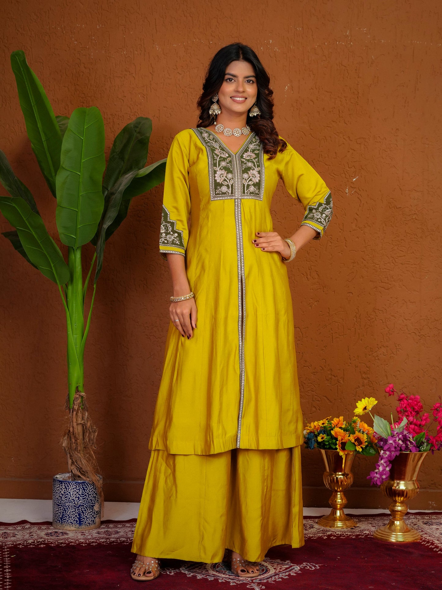 Lorenvalley Fashion Mustard Roman Silk Multi Embroidery Thread With Beautiful Hand Work Kurta Palazzo Dupatta