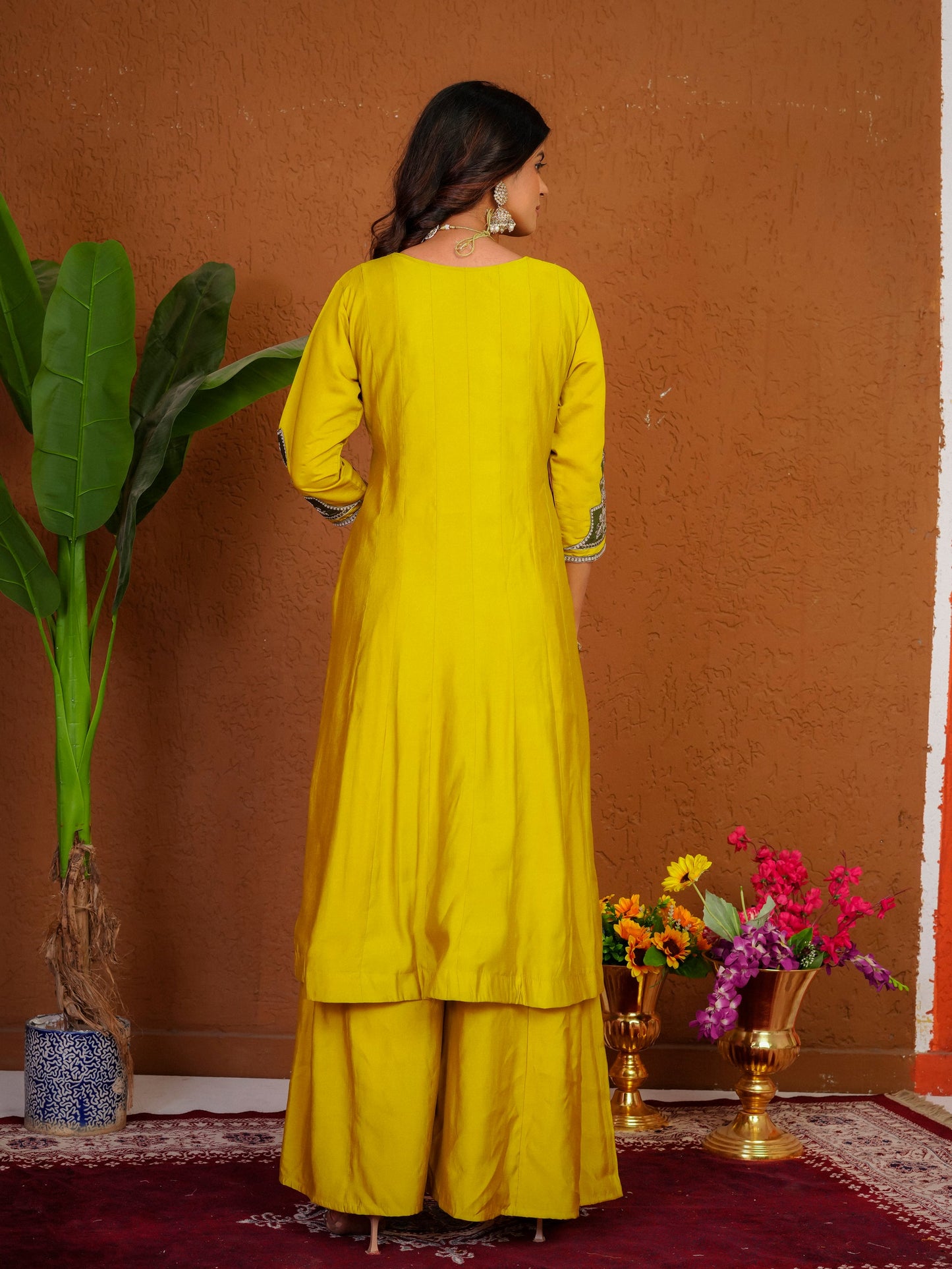 Lorenvalley Fashion Mustard Roman Silk Multi Embroidery Thread With Beautiful Hand Work Kurta Palazzo Dupatta