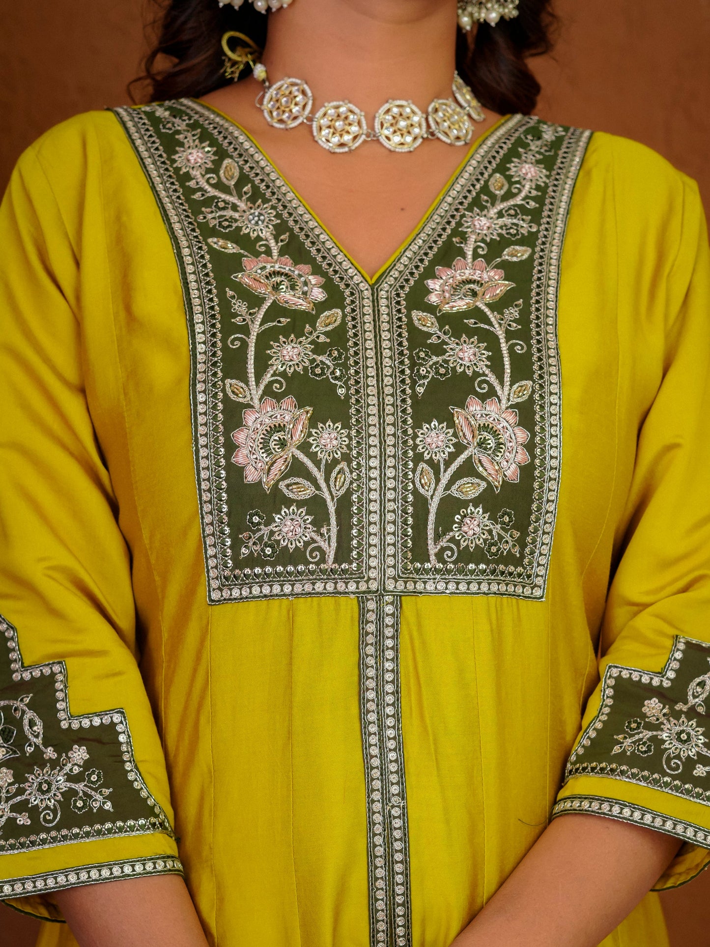Lorenvalley Fashion Mustard Roman Silk Multi Embroidery Thread With Beautiful Hand Work Kurta Palazzo Dupatta