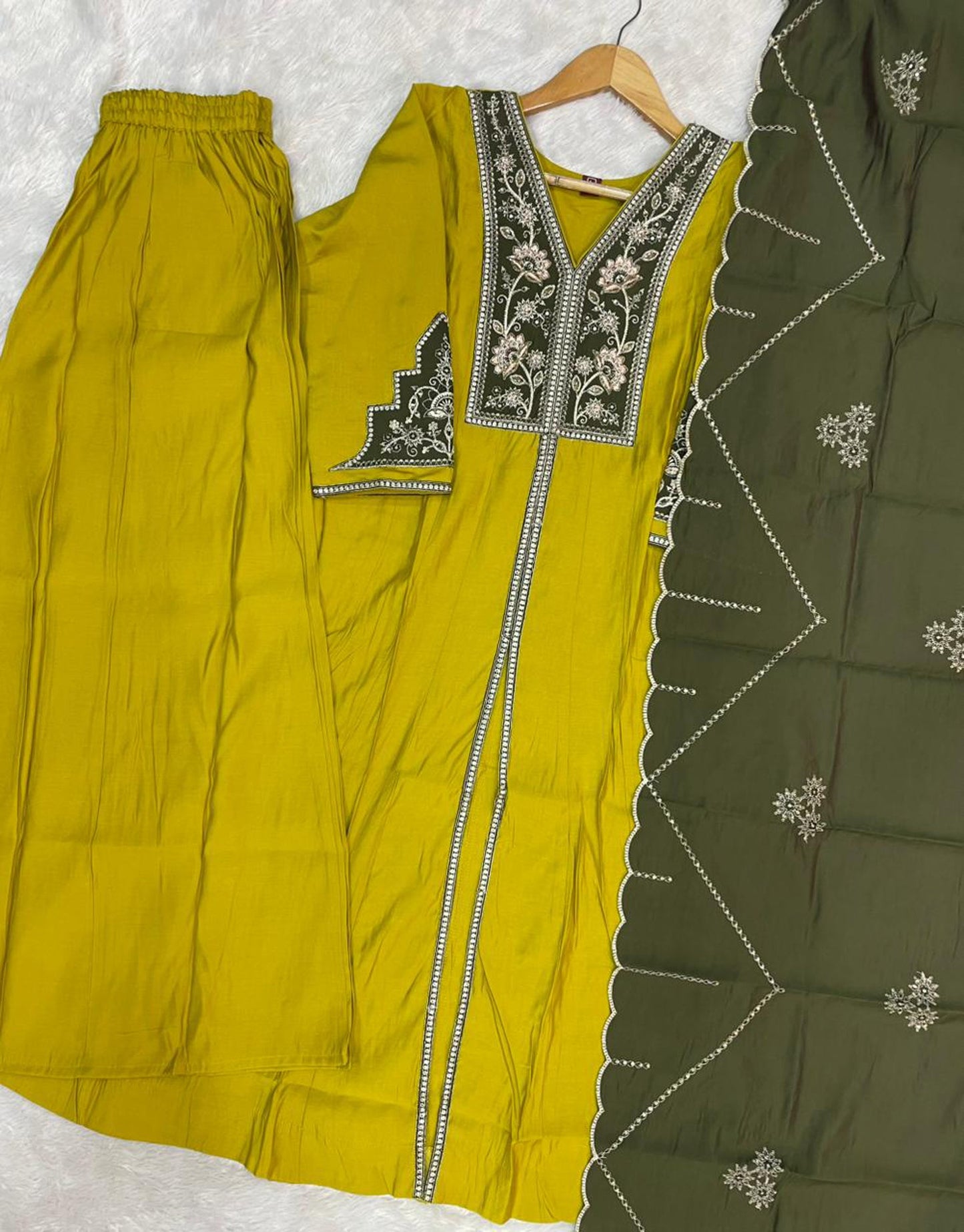 Lorenvalley Fashion Mustard Roman Silk Multi Embroidery Thread With Beautiful Hand Work Kurta Palazzo Dupatta