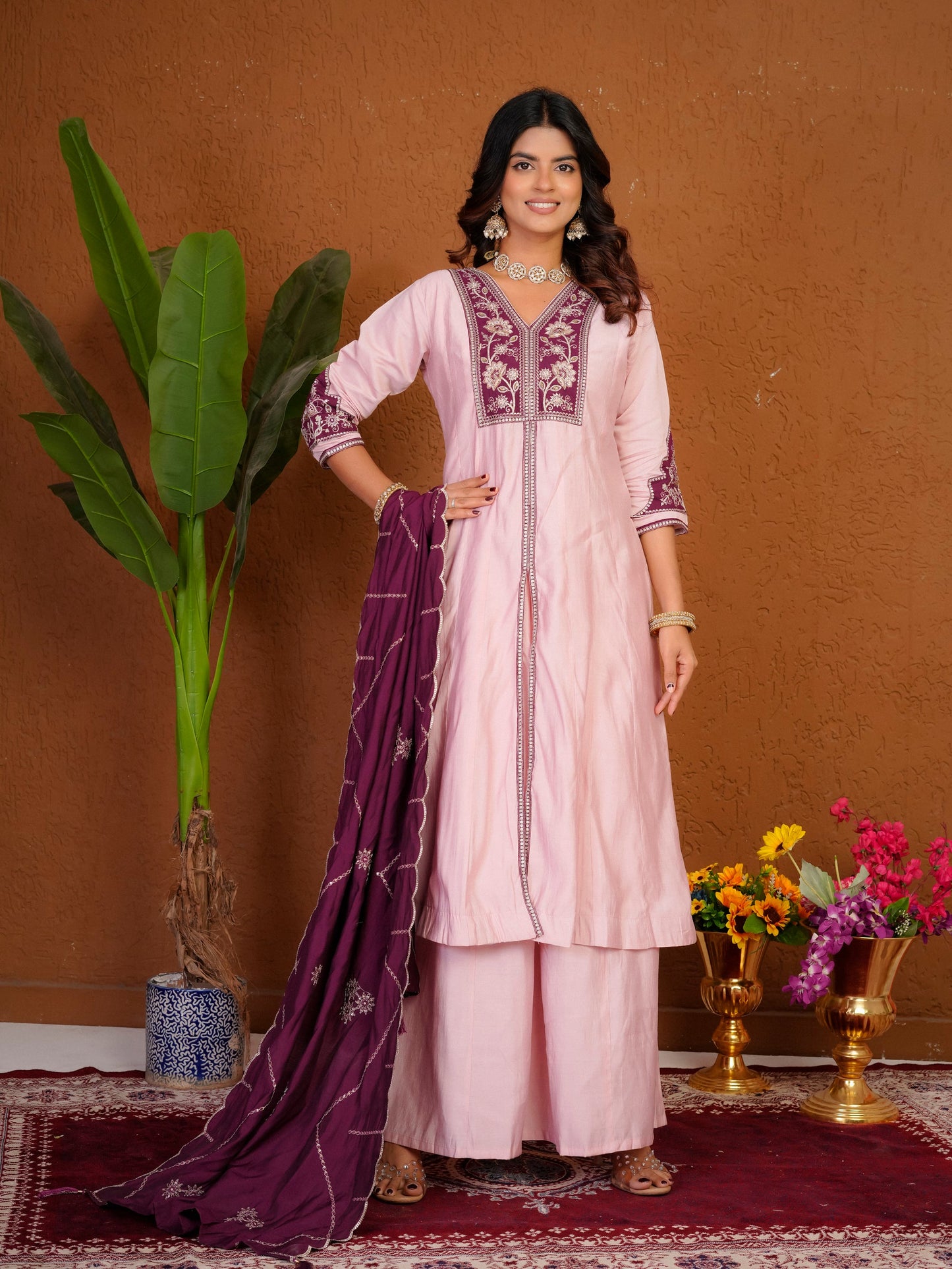 Lorenvalley Fashion Pink Roman Silk Multi Embroidery Thread With Beautiful Hand Work Kurta Palazzo Dupatta