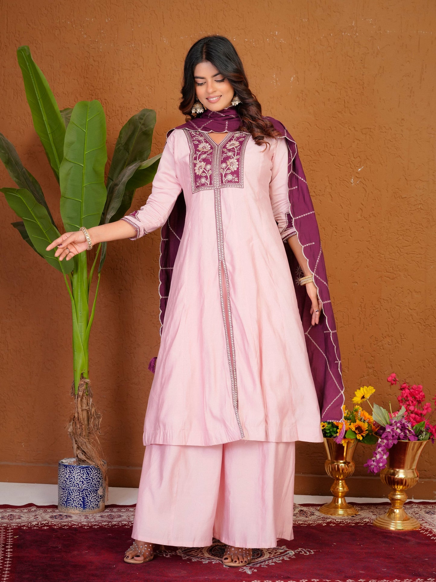 Lorenvalley Fashion Pink Roman Silk Multi Embroidery Thread With Beautiful Hand Work Kurta Palazzo Dupatta