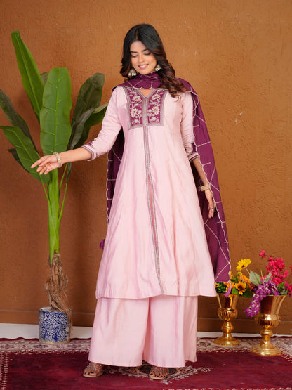 Lorenvalley Fashion Pink Roman Silk Multi Embroidery Thread With Beautiful Hand Work Kurta Palazzo Dupatta