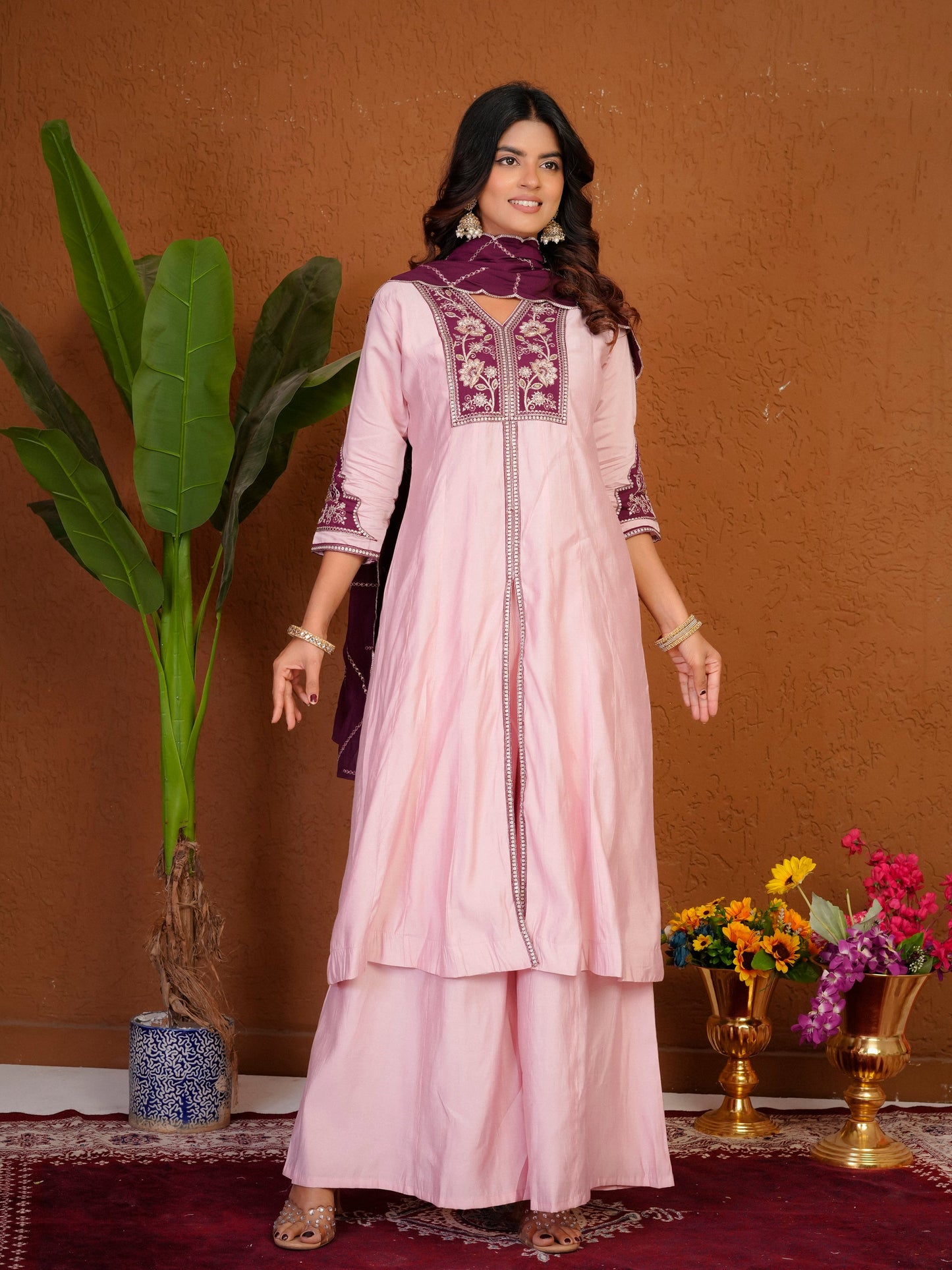 Lorenvalley Fashion Pink Roman Silk Multi Embroidery Thread With Beautiful Hand Work Kurta Palazzo Dupatta