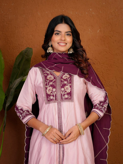 Lorenvalley Fashion Pink Roman Silk Multi Embroidery Thread With Beautiful Hand Work Kurta Palazzo Dupatta