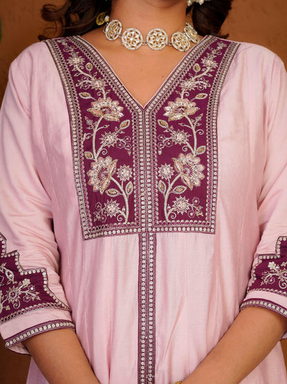 Lorenvalley Fashion Pink Roman Silk Multi Embroidery Thread With Beautiful Hand Work Kurta Palazzo Dupatta