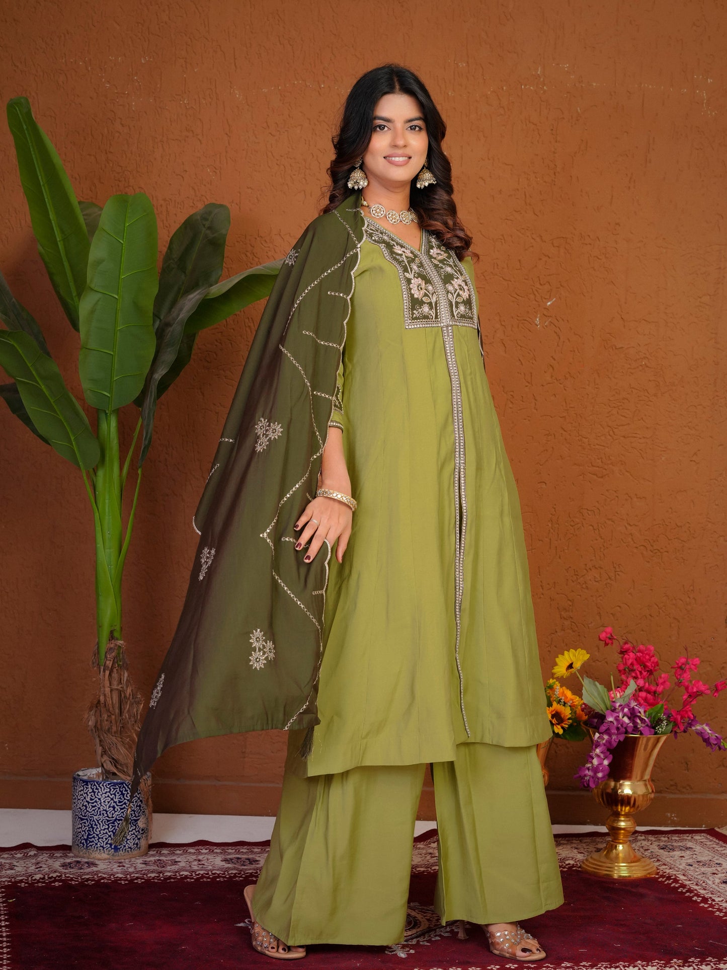 Lorenvalley Fashion Pista Roman Silk Multi Embroidery Thread With Beautiful Hand Work Kurta Palazzo Dupatta