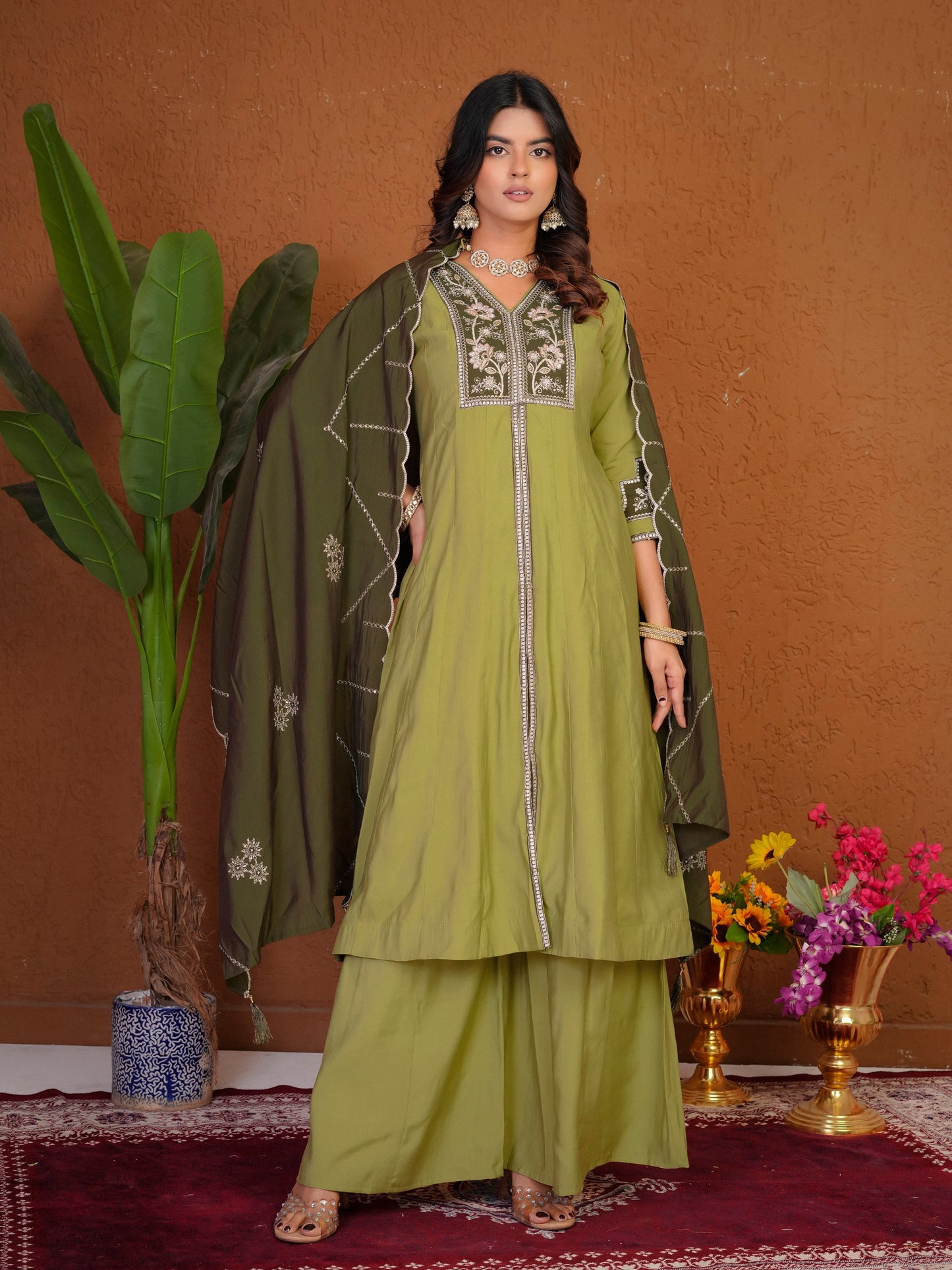 Lorenvalley Fashion Pista Roman Silk Multi Embroidery Thread With Beautiful Hand Work Kurta Palazzo Dupatta