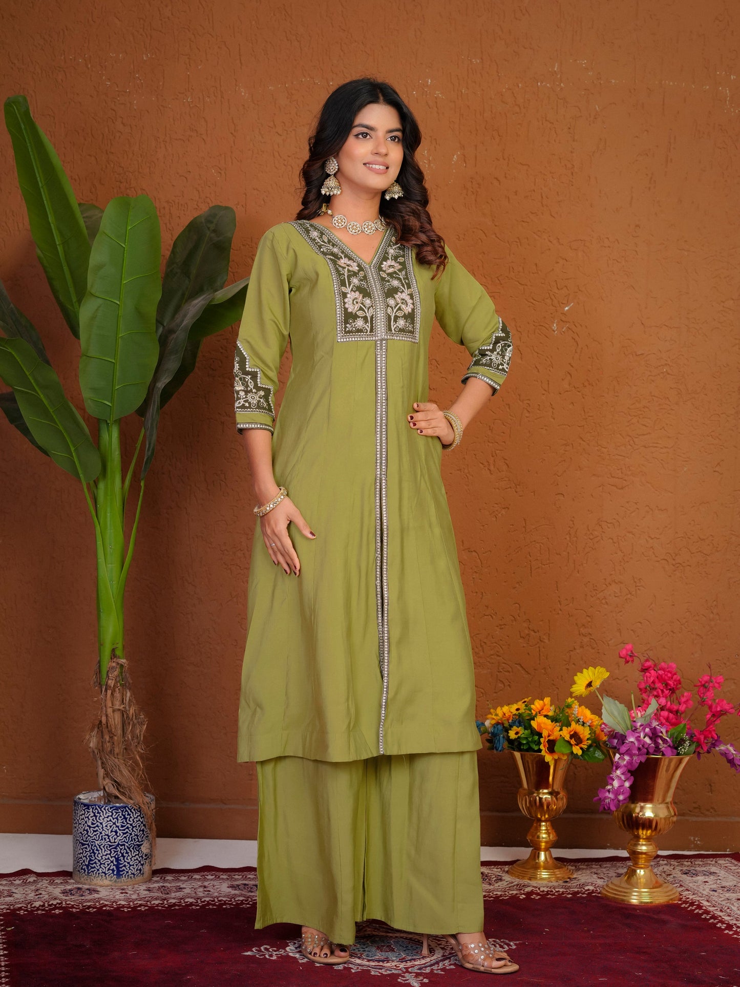 Lorenvalley Fashion Pista Roman Silk Multi Embroidery Thread With Beautiful Hand Work Kurta Palazzo Dupatta