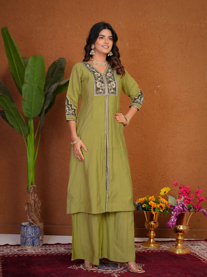 Lorenvalley Fashion Pista Roman Silk Multi Embroidery Thread With Beautiful Hand Work Kurta Palazzo Dupatta