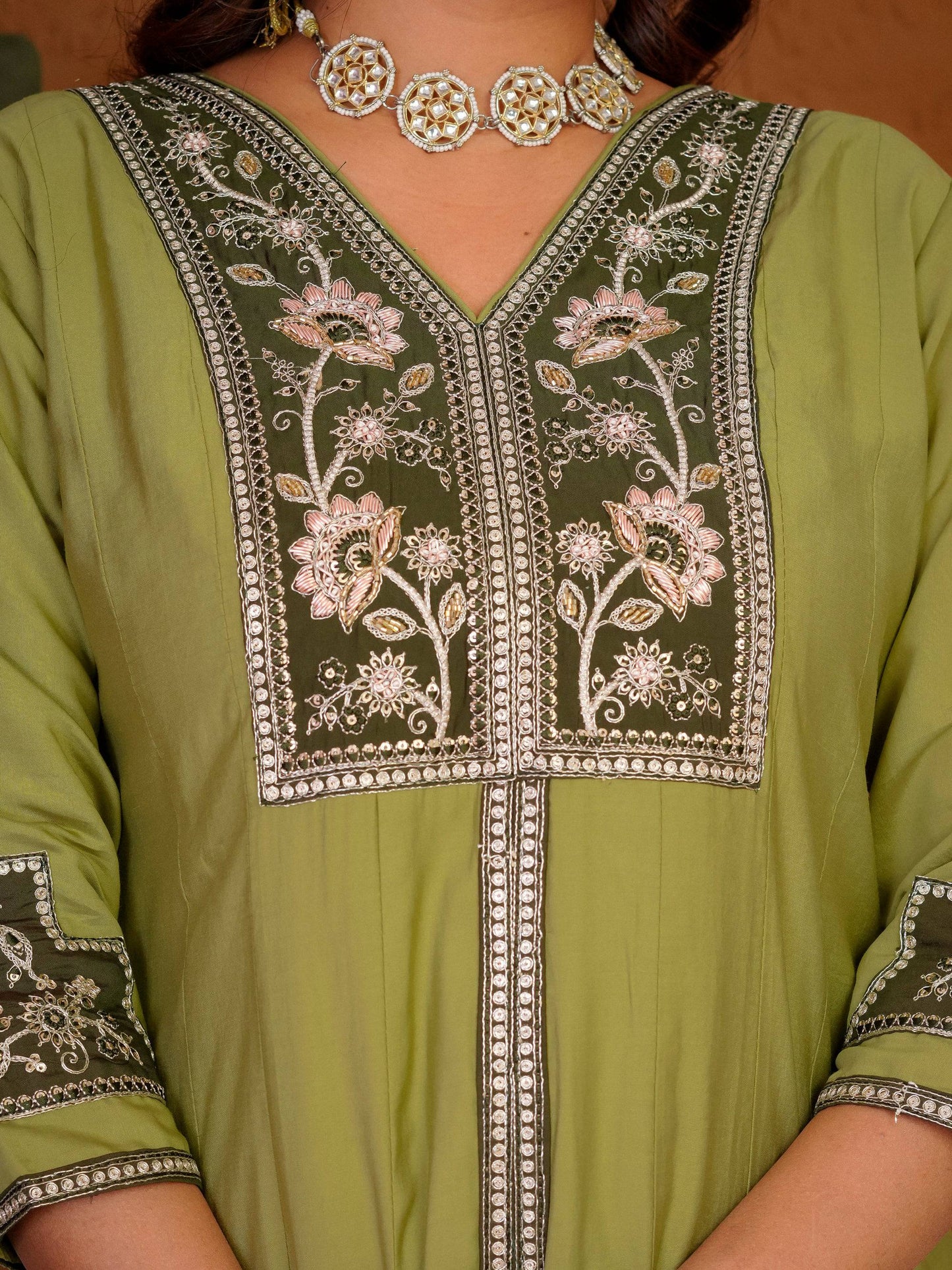 Lorenvalley Fashion Pista Roman Silk Multi Embroidery Thread With Beautiful Hand Work Kurta Palazzo Dupatta