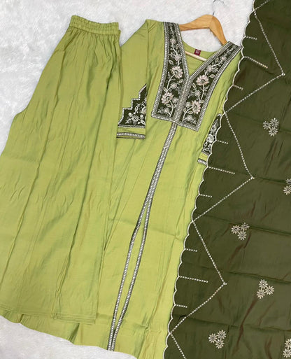 Lorenvalley Fashion Pista Roman Silk Multi Embroidery Thread With Beautiful Hand Work Kurta Palazzo Dupatta