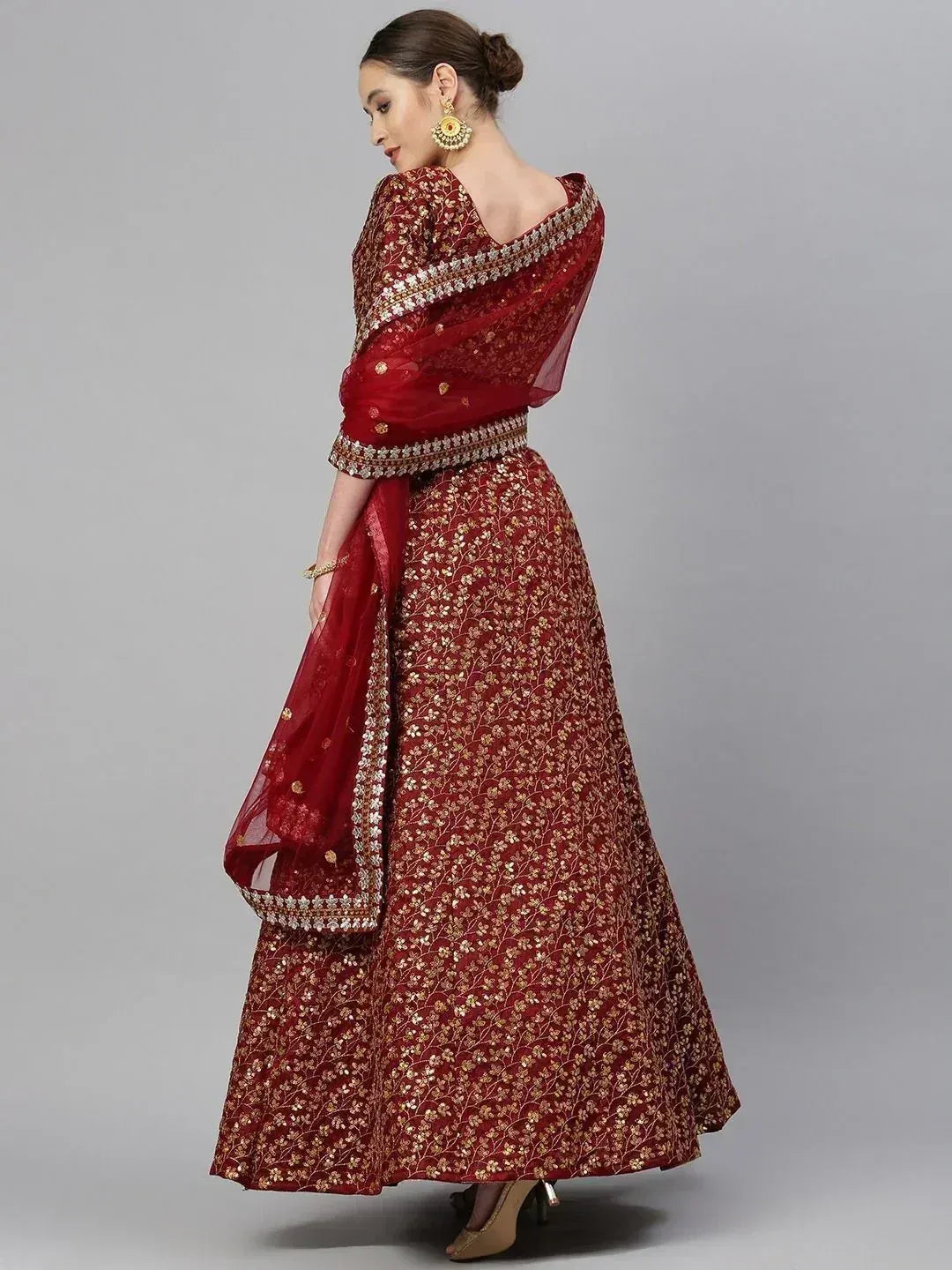 Tulsi Art Maroon & Golden Semi-Stitched Myntra Bridal Lehenga & Unstitched Blouse With Dupatta