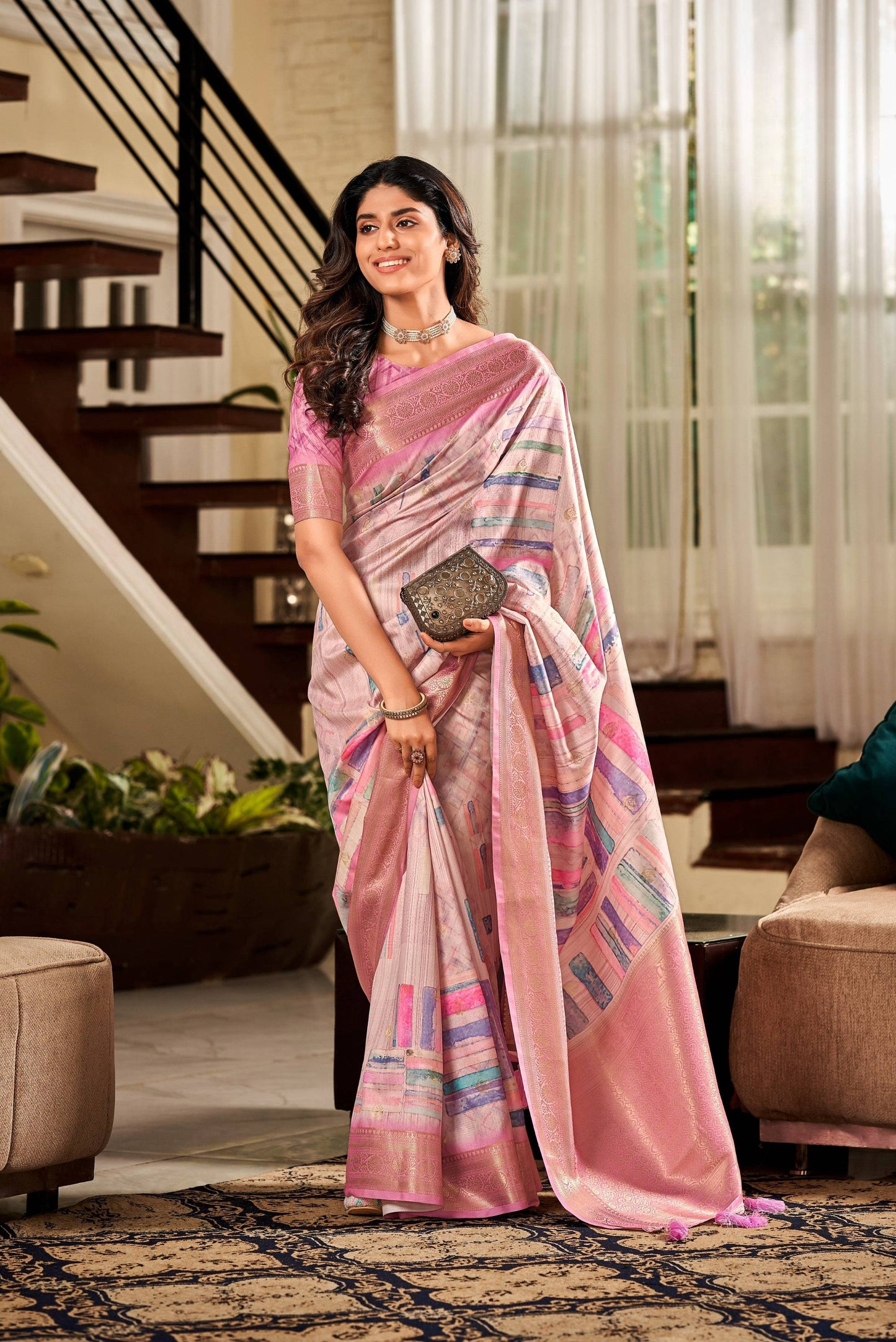 Anaita Pink Designer Digital Printed Soft Silk Saree With Blouse