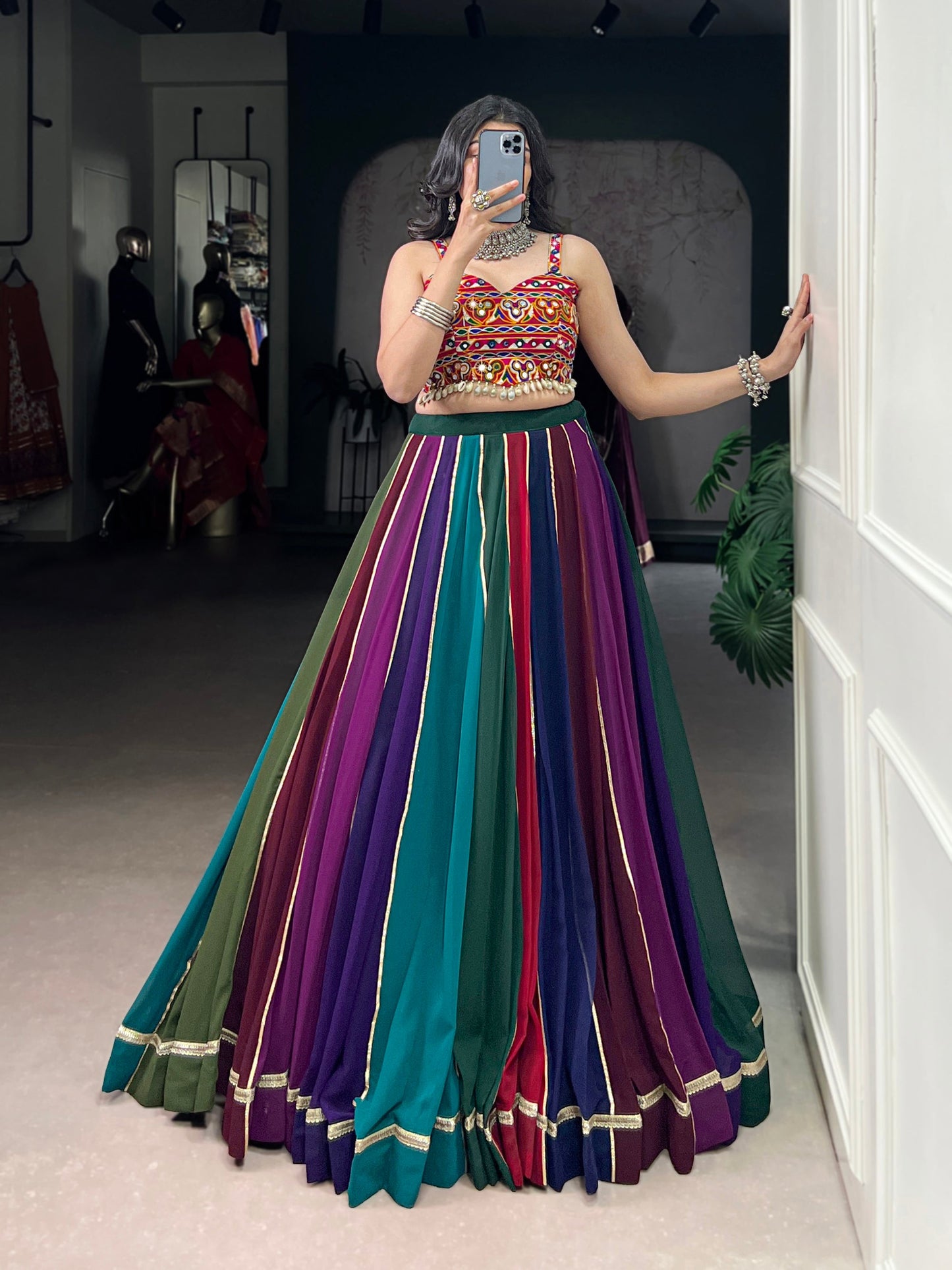 Lorenvalley Fashion Multicolor Georgette Lehenga With Gota Patti Border Detailing Lehenga Choli