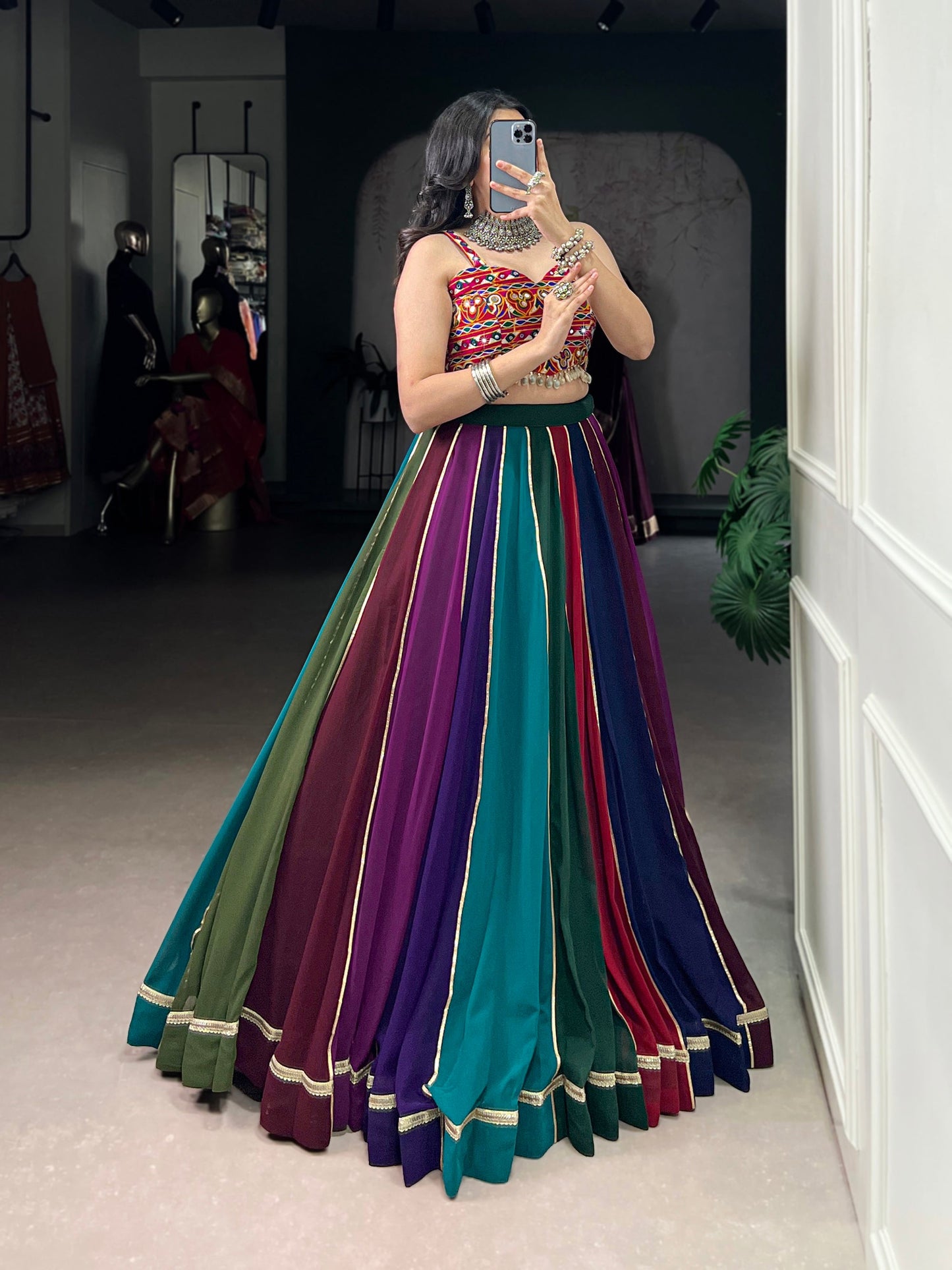 Lorenvalley Fashion Multicolor Georgette Lehenga With Gota Patti Border Detailing Lehenga Choli