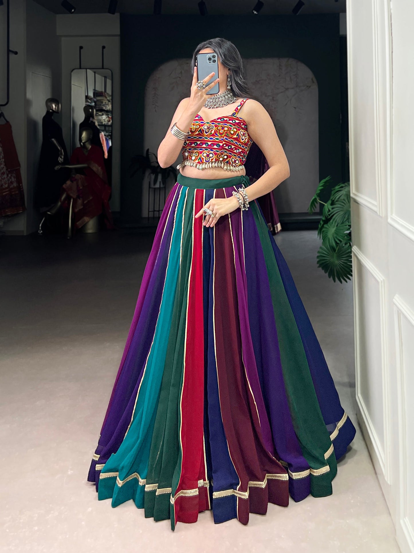Lorenvalley Fashion Multicolor Georgette Lehenga With Gota Patti Border Detailing Lehenga Choli