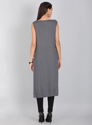 W for Woman Grey Round Neck Solid kurta