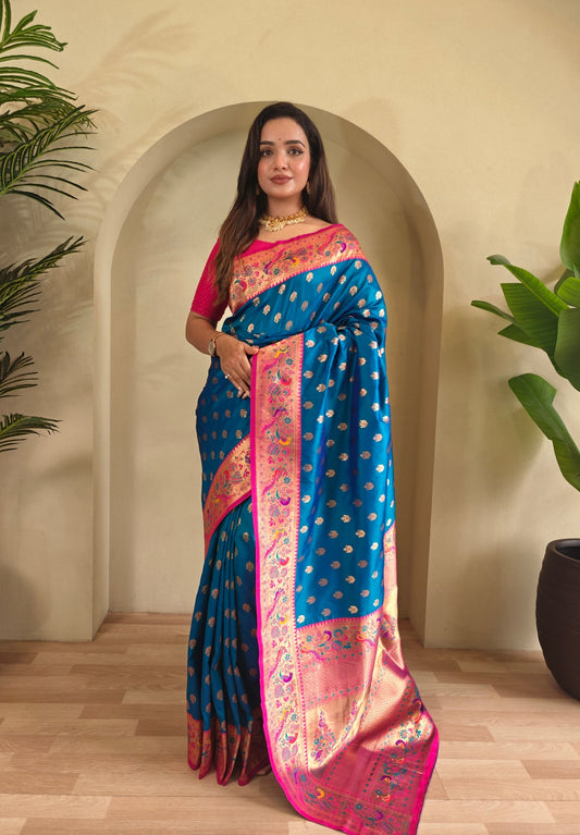 Mameraa Sarees Paithani Silk Blend Weaving Saree With Contrast Blouse-Teal Blue