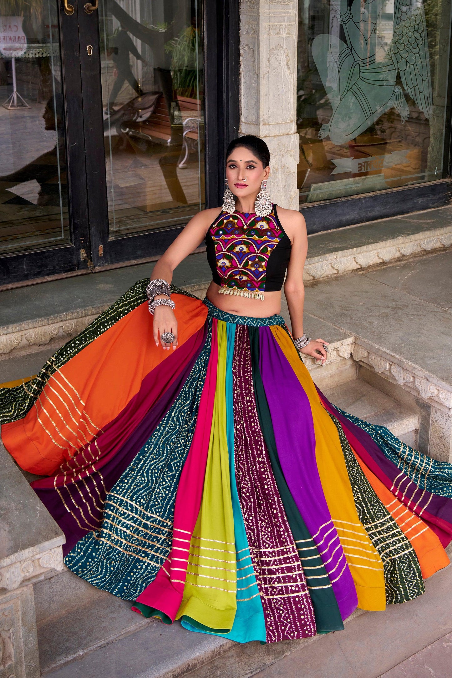 Lorenvalley Fashion Multicolor Pure Rayon Lehenga Featuring Printed Design With Gota Patti Lehenga Choli