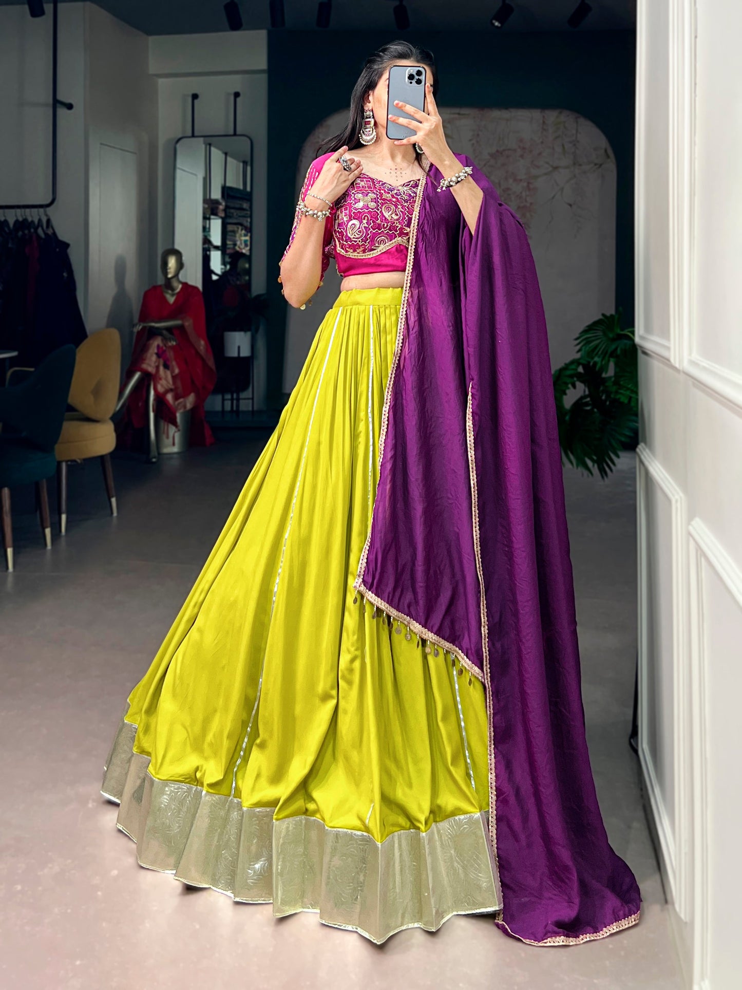 Lorenvalley Fashion Neon Yellow Rayon Embossed Design Lace Border Lehenga Choli With Dupatta