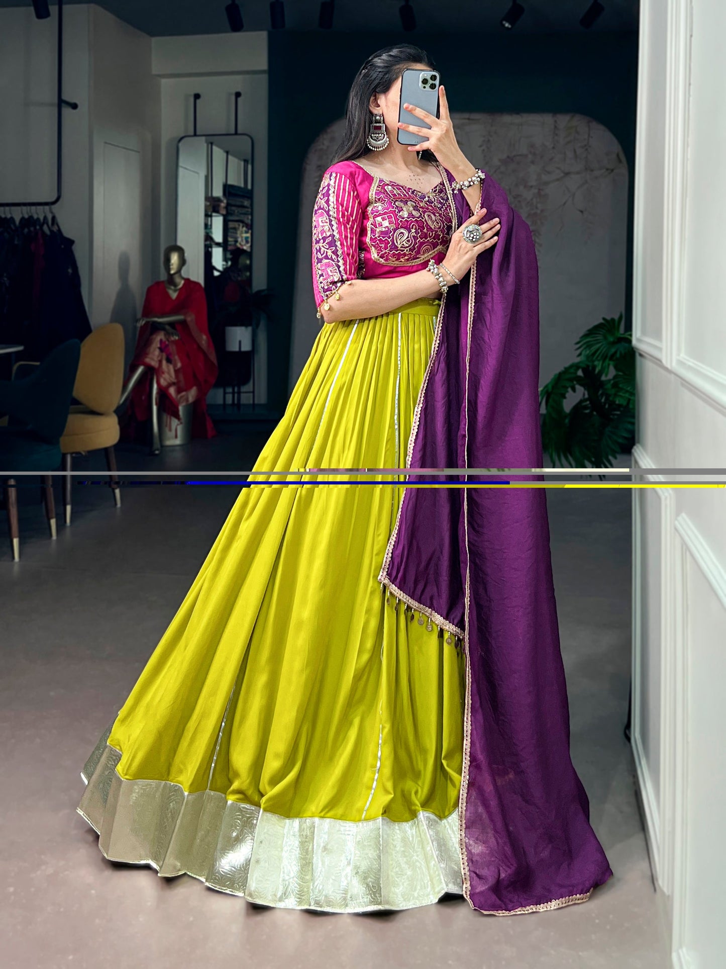 Lorenvalley Fashion Neon Yellow Rayon Embossed Design Lace Border Lehenga Choli With Dupatta