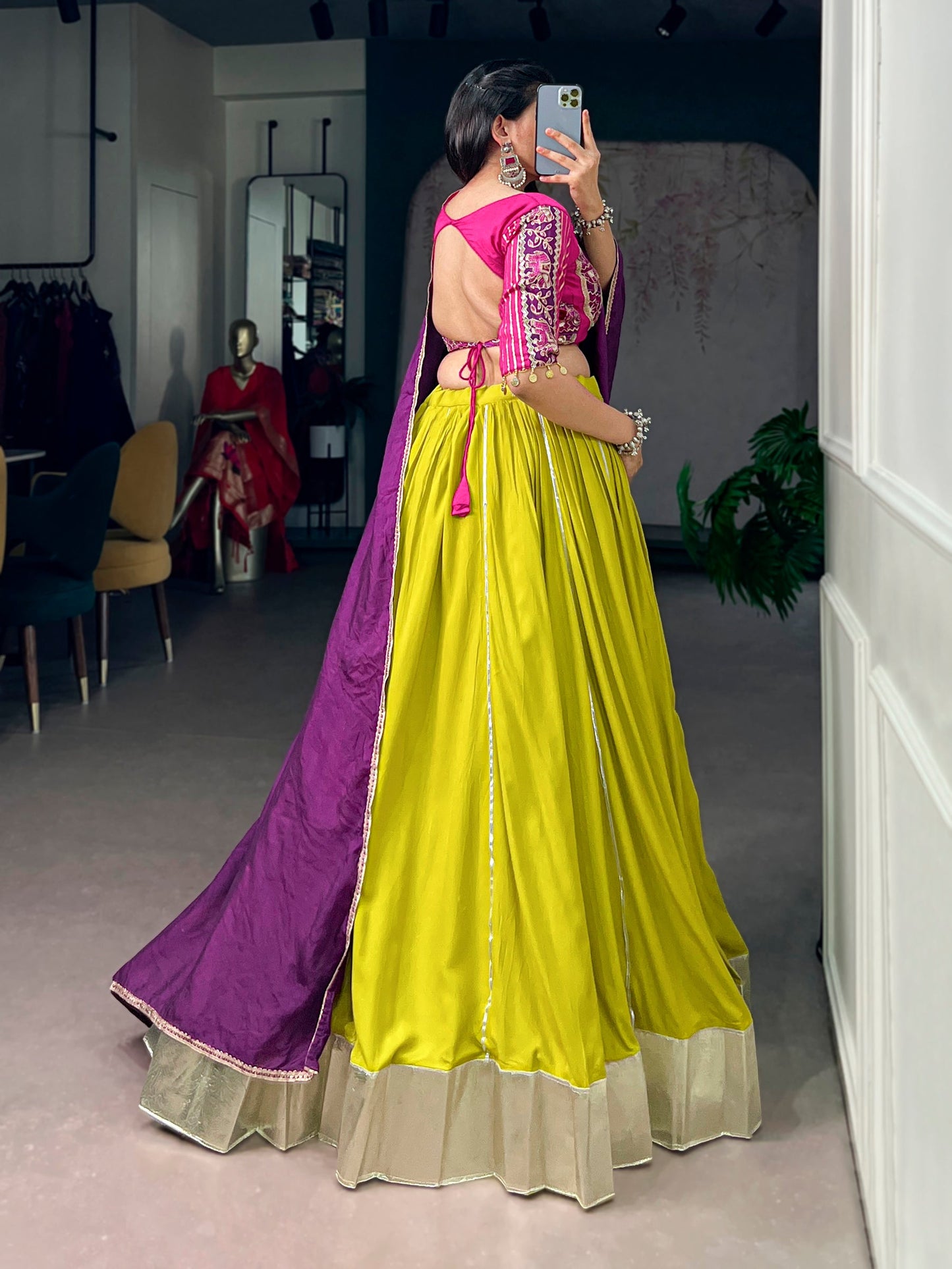 Lorenvalley Fashion Neon Yellow Rayon Embossed Design Lace Border Lehenga Choli With Dupatta