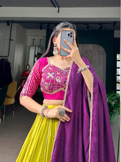 Lorenvalley Fashion Neon Yellow Rayon Embossed Design Lace Border Lehenga Choli With Dupatta