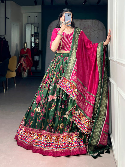 Lorenvalley Fashion Mehendi Tasar Silk Foil Printed With Mirror Gamthi Work Lehenga Choli With Dupatta