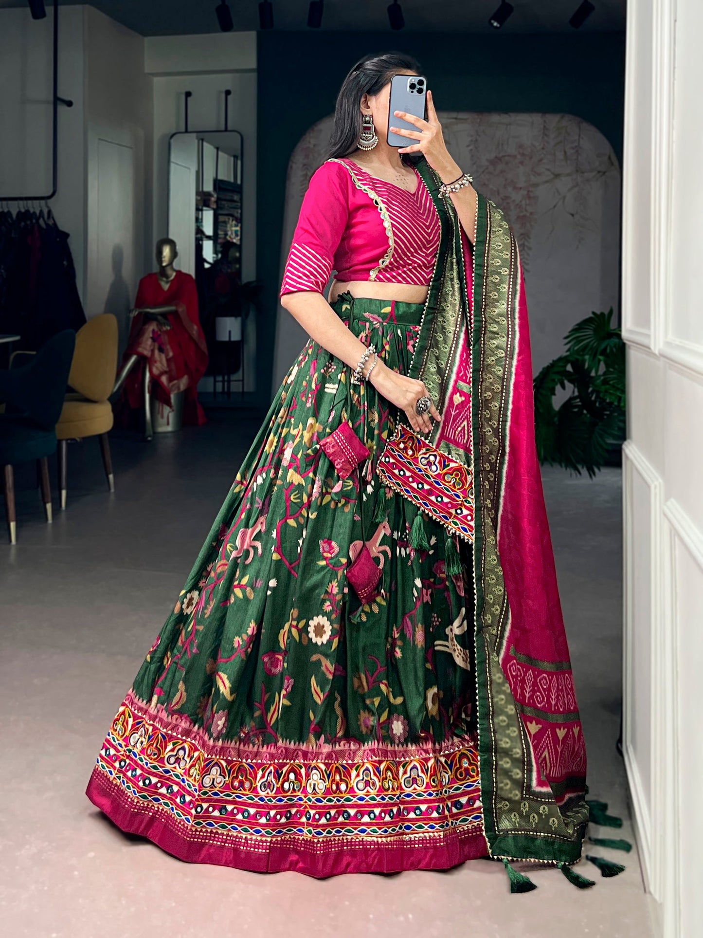 Lorenvalley Fashion Mehendi Tasar Silk Foil Printed With Mirror Gamthi Work Lehenga Choli With Dupatta