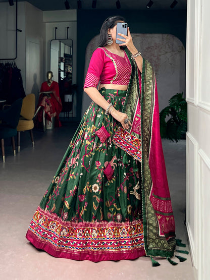 Lorenvalley Fashion Mehendi Tasar Silk Foil Printed With Mirror Gamthi Work Lehenga Choli With Dupatta