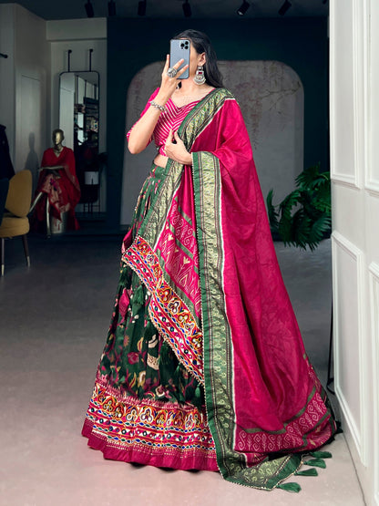 Lorenvalley Fashion Mehendi Tasar Silk Foil Printed With Mirror Gamthi Work Lehenga Choli With Dupatta