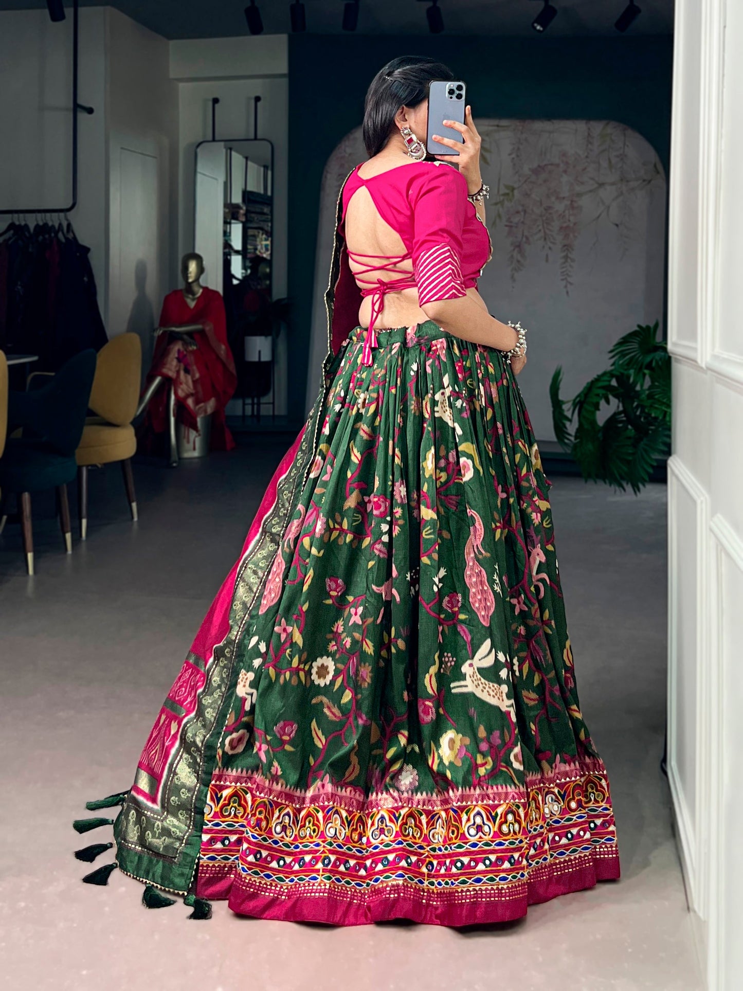 Lorenvalley Fashion Mehendi Tasar Silk Foil Printed With Mirror Gamthi Work Lehenga Choli With Dupatta