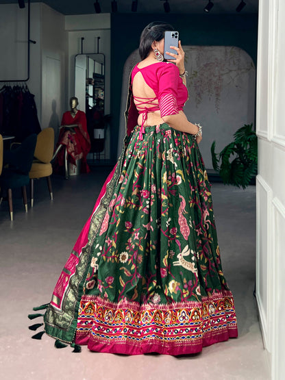 Lorenvalley Fashion Mehendi Tasar Silk Foil Printed With Mirror Gamthi Work Lehenga Choli With Dupatta