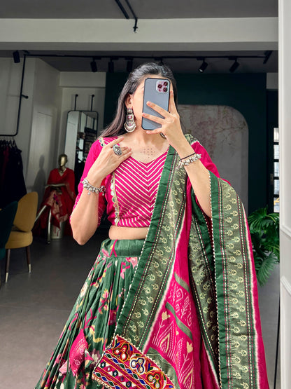 Lorenvalley Fashion Mehendi Tasar Silk Foil Printed With Mirror Gamthi Work Lehenga Choli With Dupatta