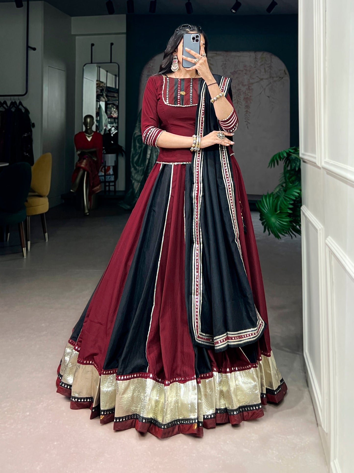 Lorenvalley Fashion Maroon Chinon Enhanced With Embossed Designer Lace And Real Mirror Lace Lehenga Choli With Dupatta