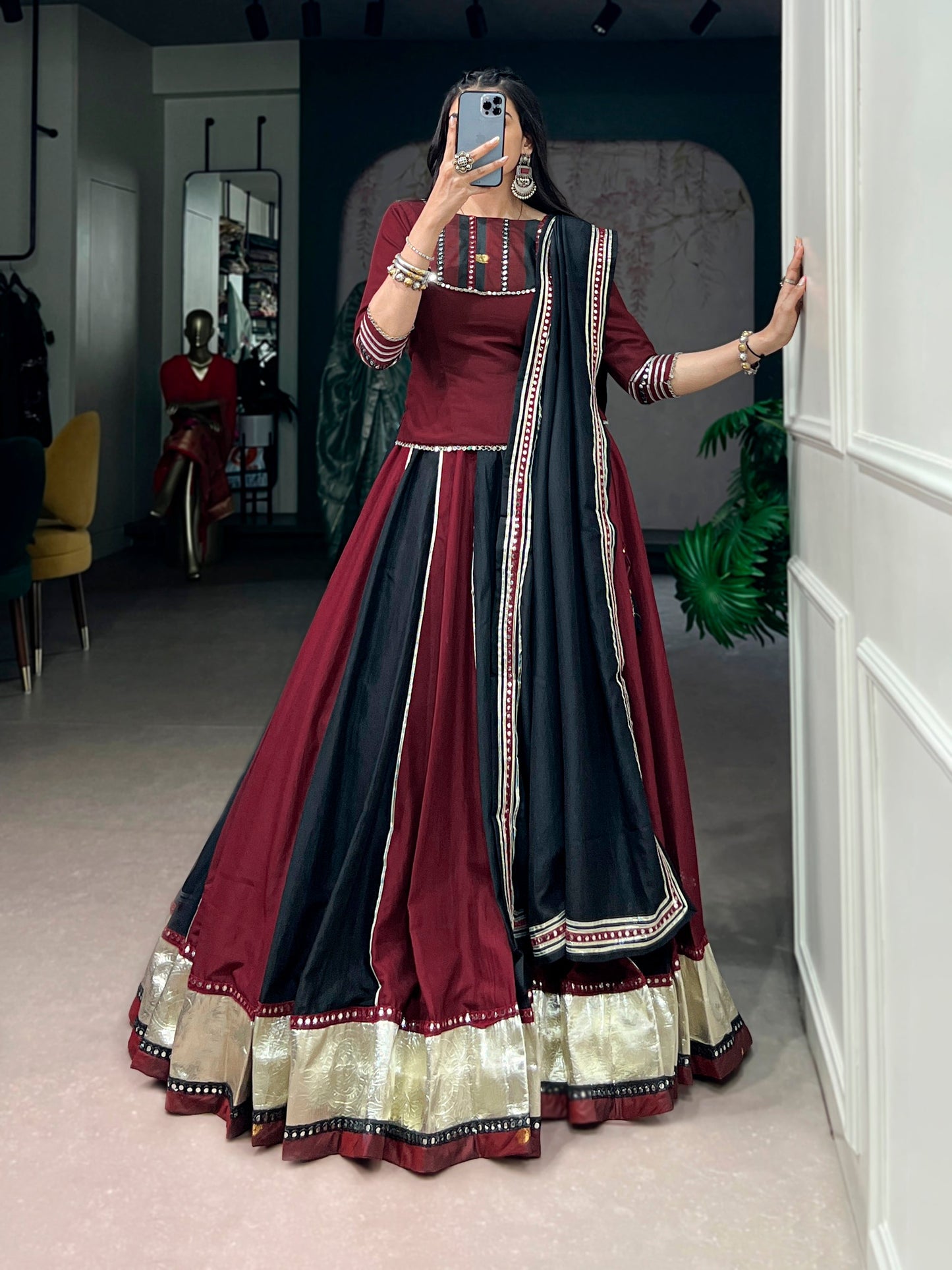 Lorenvalley Fashion Maroon Chinon Enhanced With Embossed Designer Lace And Real Mirror Lace Lehenga Choli With Dupatta