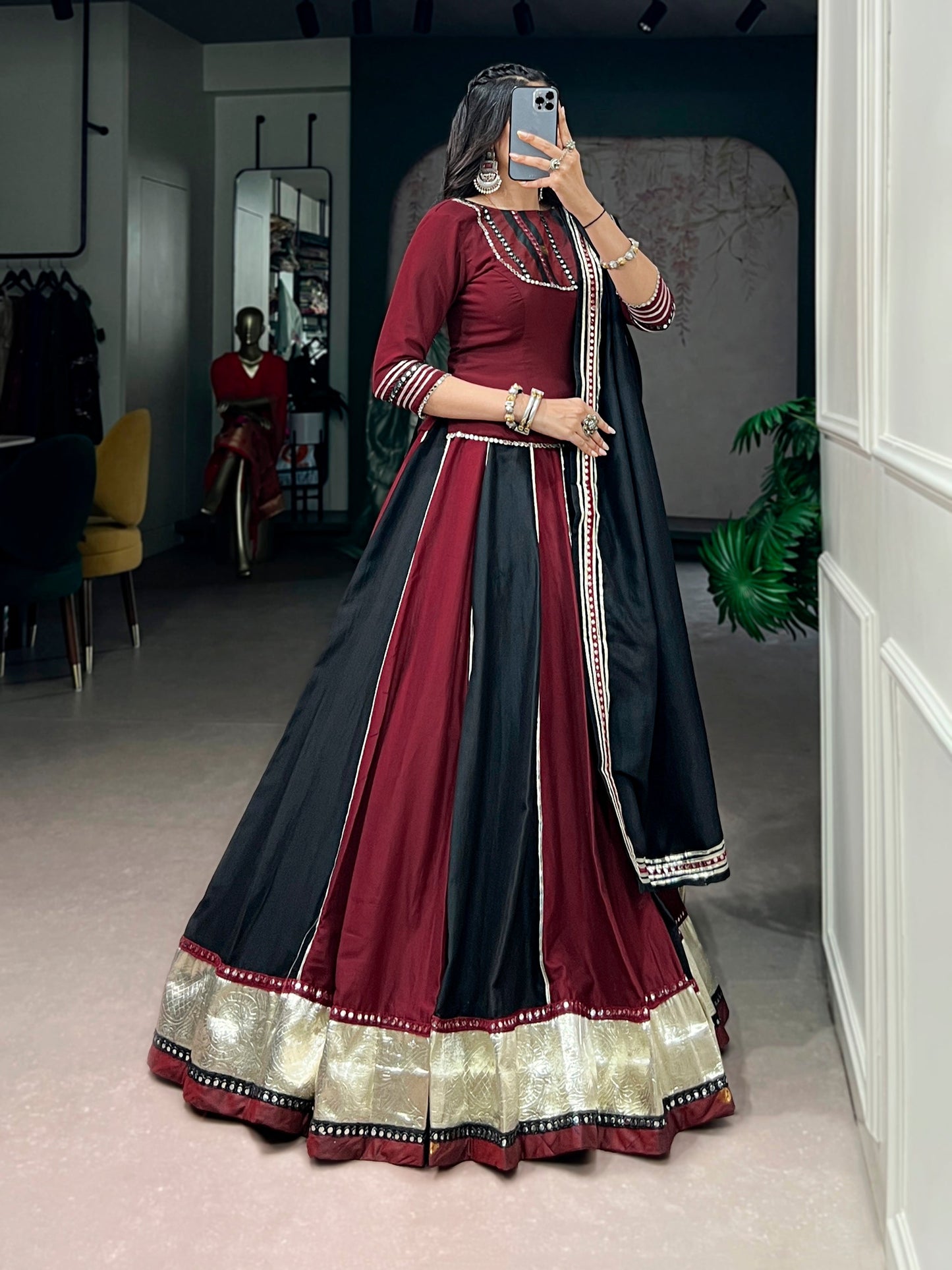 Lorenvalley Fashion Maroon Chinon Enhanced With Embossed Designer Lace And Real Mirror Lace Lehenga Choli With Dupatta