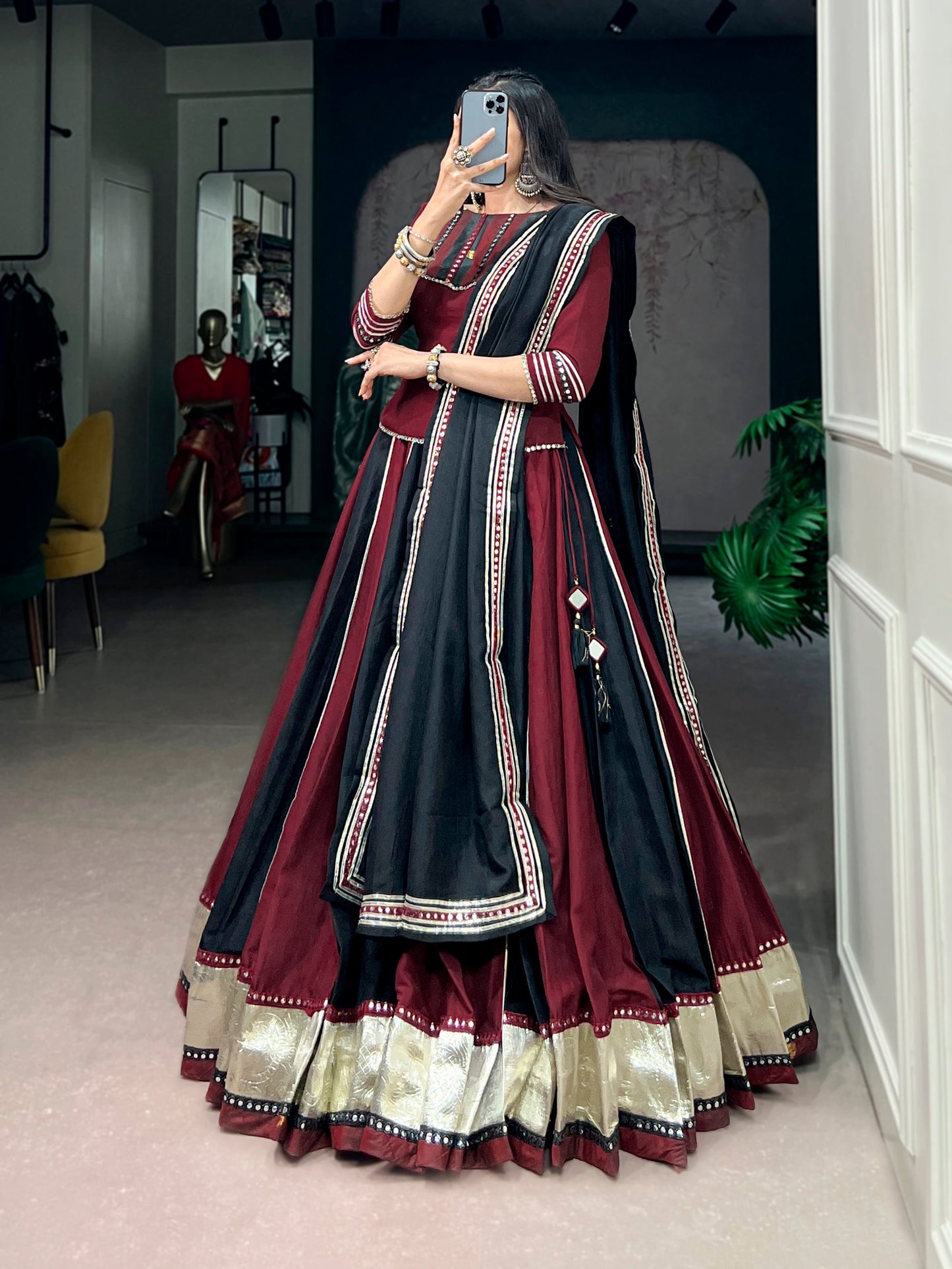 Lorenvalley Fashion Maroon Chinon Enhanced With Embossed Designer Lace And Real Mirror Lace Lehenga Choli With Dupatta