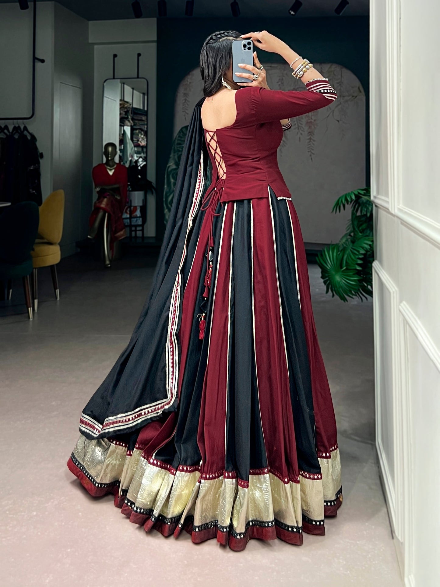 Lorenvalley Fashion Maroon Chinon Enhanced With Embossed Designer Lace And Real Mirror Lace Lehenga Choli With Dupatta