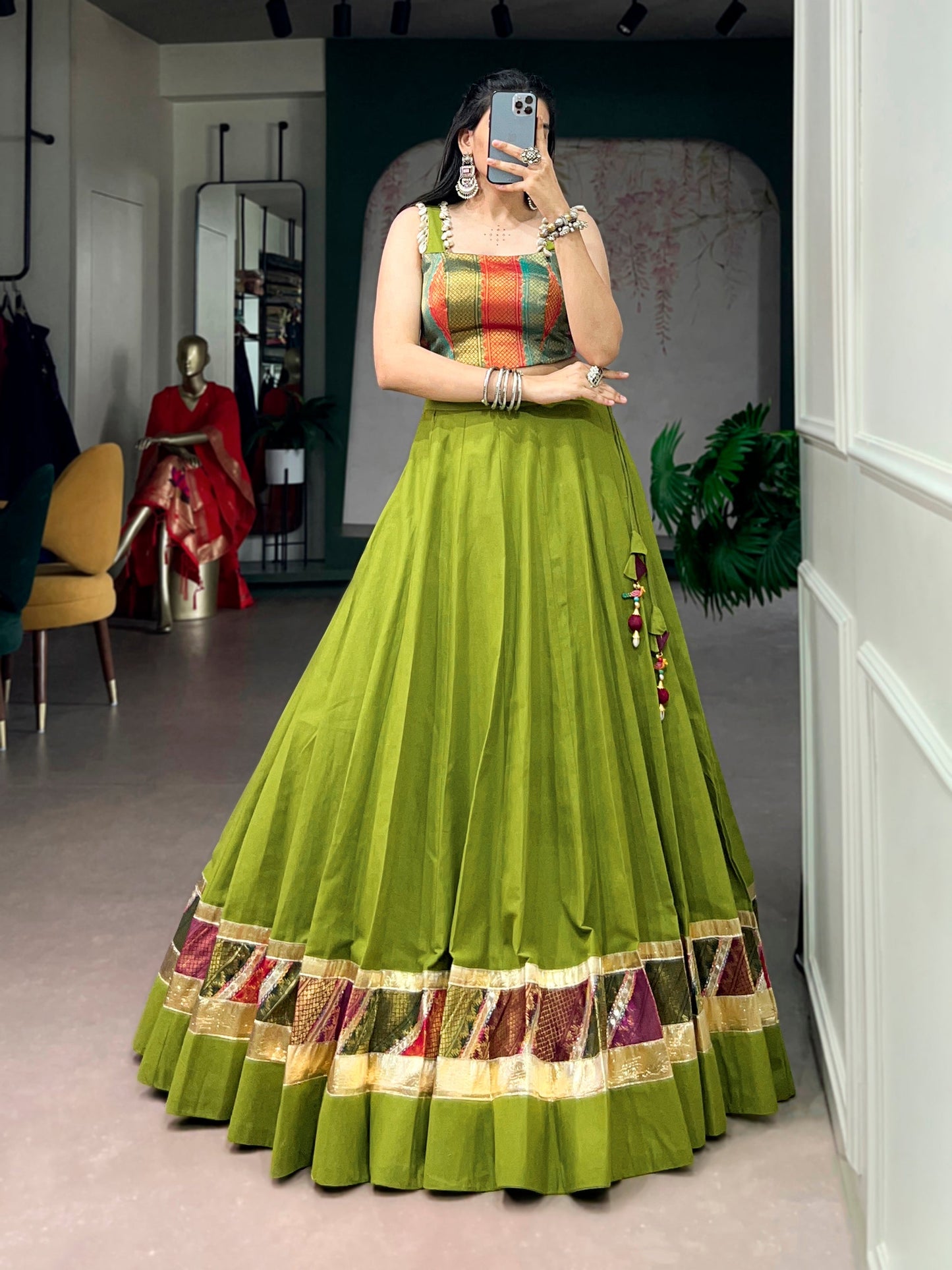 Lorenvalley Fashion Parrotgreen Cotton Enhanced With Zari Weaving, Embossed Design Work Lehenga Choli