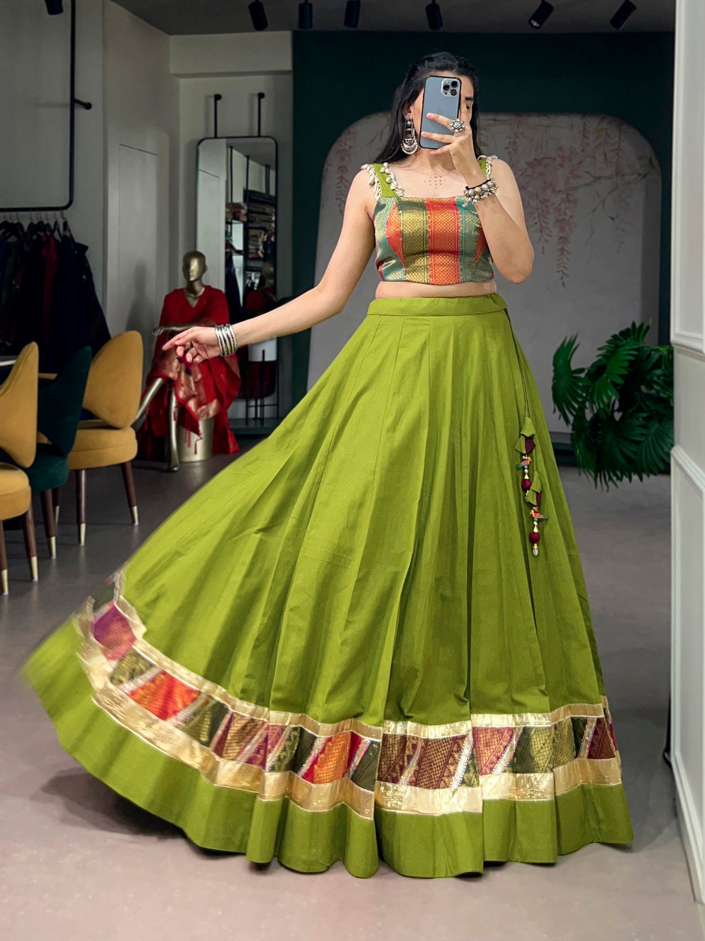 Lorenvalley Fashion Parrotgreen Cotton Enhanced With Zari Weaving, Embossed Design Work Lehenga Choli