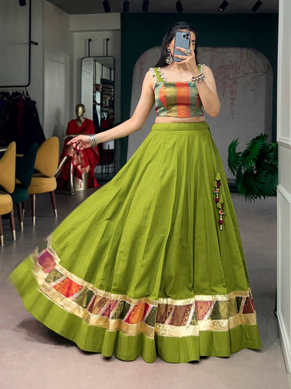 Lorenvalley Fashion Parrotgreen Cotton Enhanced With Zari Weaving, Embossed Design Work Lehenga Choli