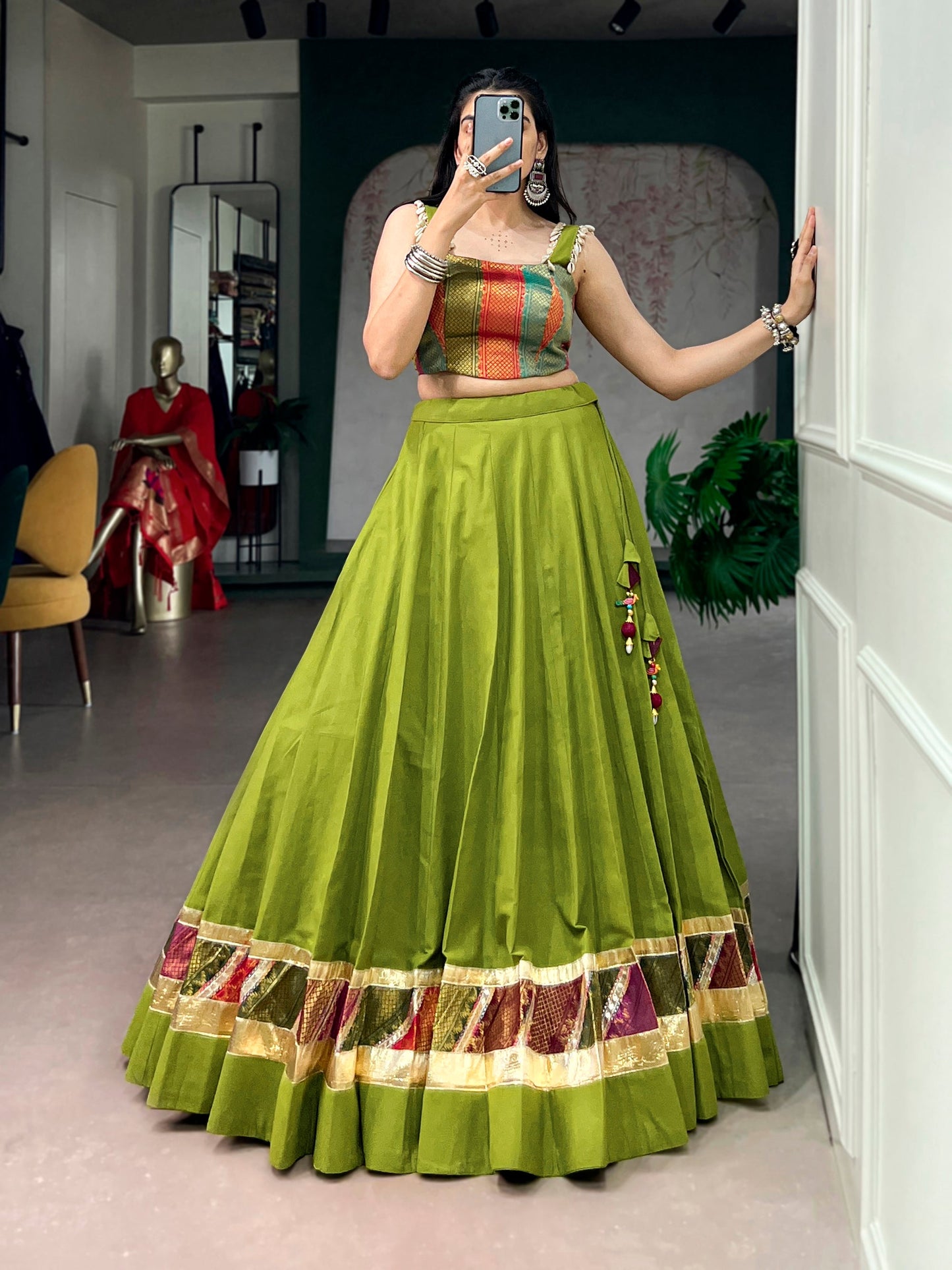 Lorenvalley Fashion Parrotgreen Cotton Enhanced With Zari Weaving, Embossed Design Work Lehenga Choli