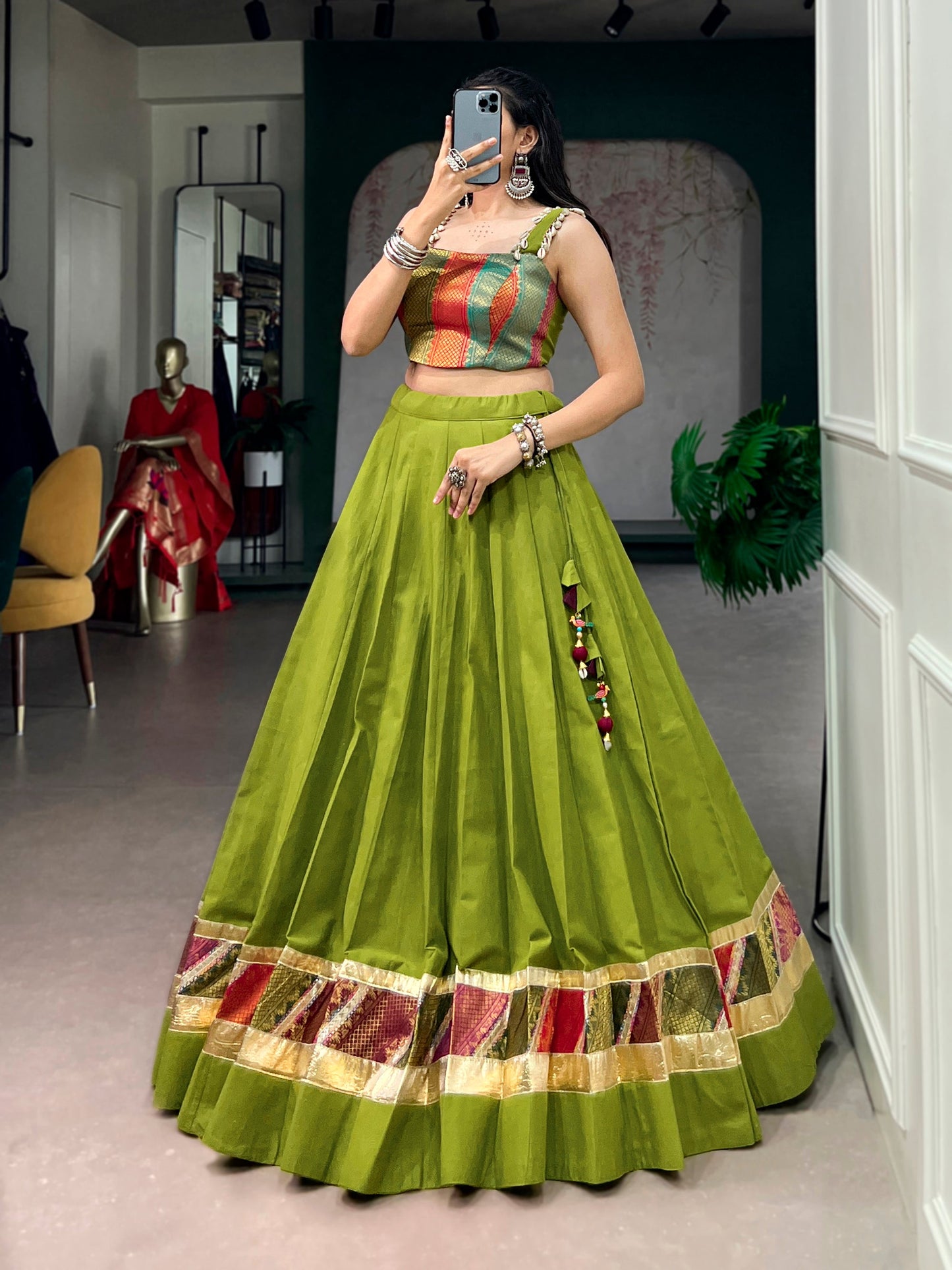 Lorenvalley Fashion Parrotgreen Cotton Enhanced With Zari Weaving, Embossed Design Work Lehenga Choli