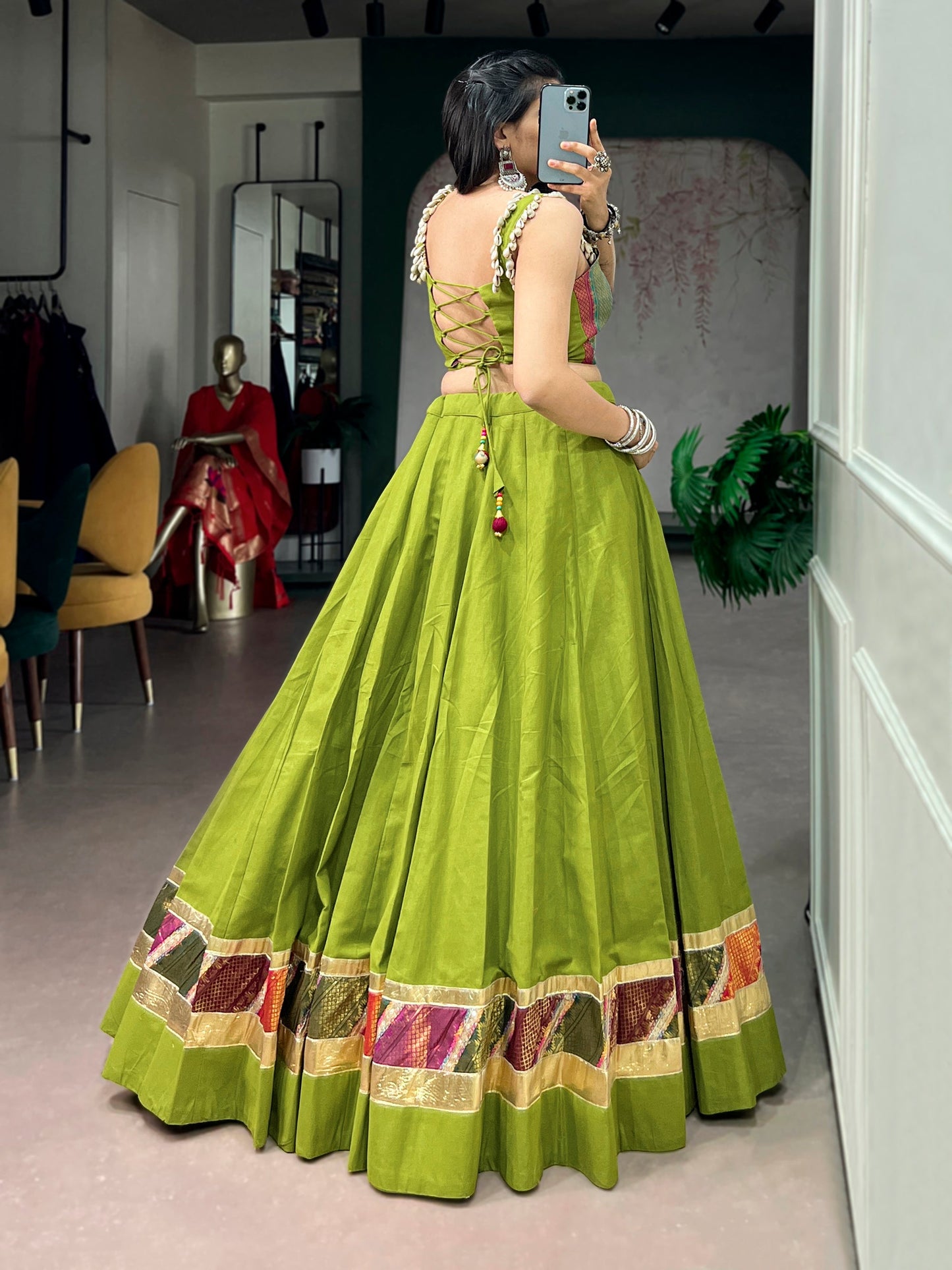 Lorenvalley Fashion Parrotgreen Cotton Enhanced With Zari Weaving, Embossed Design Work Lehenga Choli