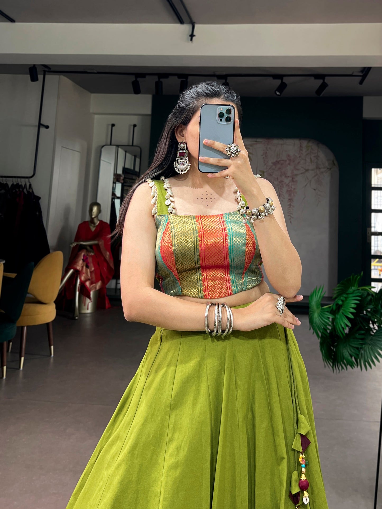 Lorenvalley Fashion Parrotgreen Cotton Enhanced With Zari Weaving, Embossed Design Work Lehenga Choli